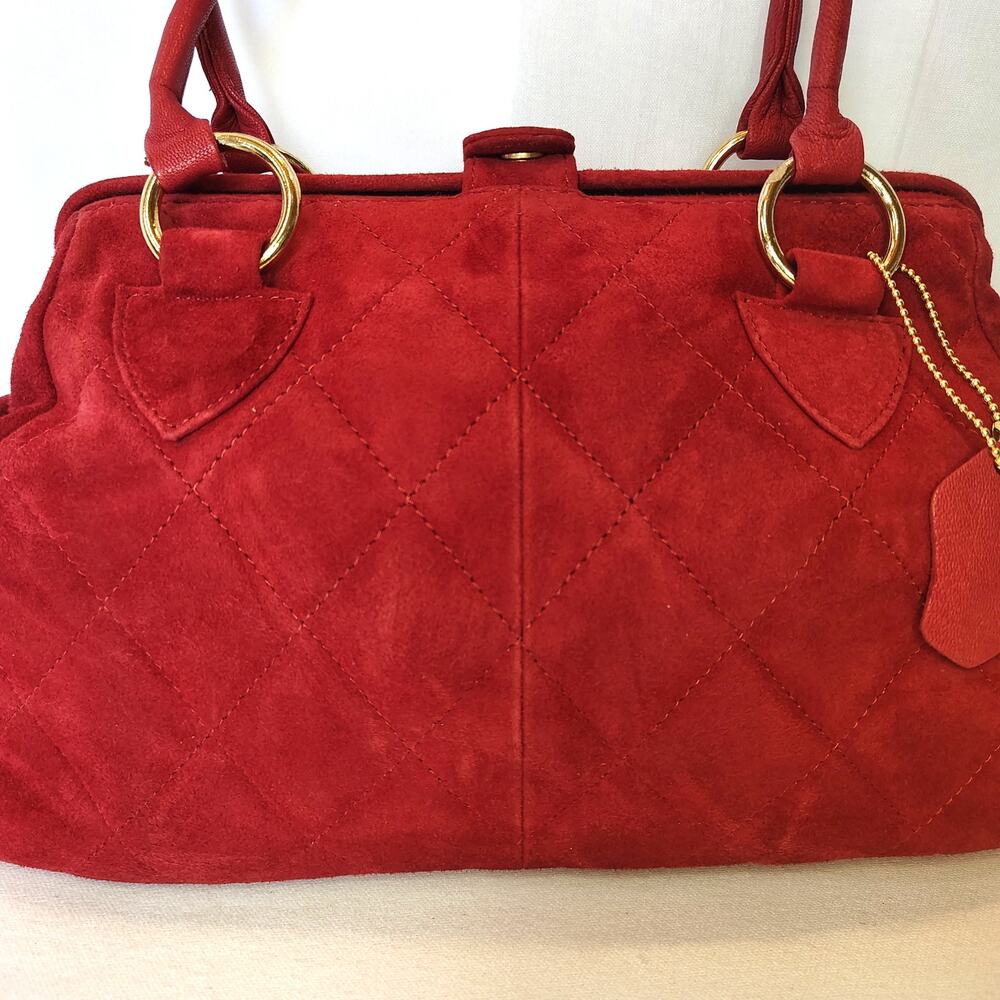 Vintage Red Quilted Suede Leather Satchel Handbag Gold Hardware Top Handle Purse - Picture 2 of 16